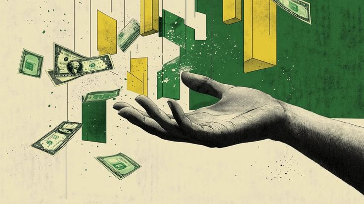 Colagem financeira com dinheiro e blocos verdes